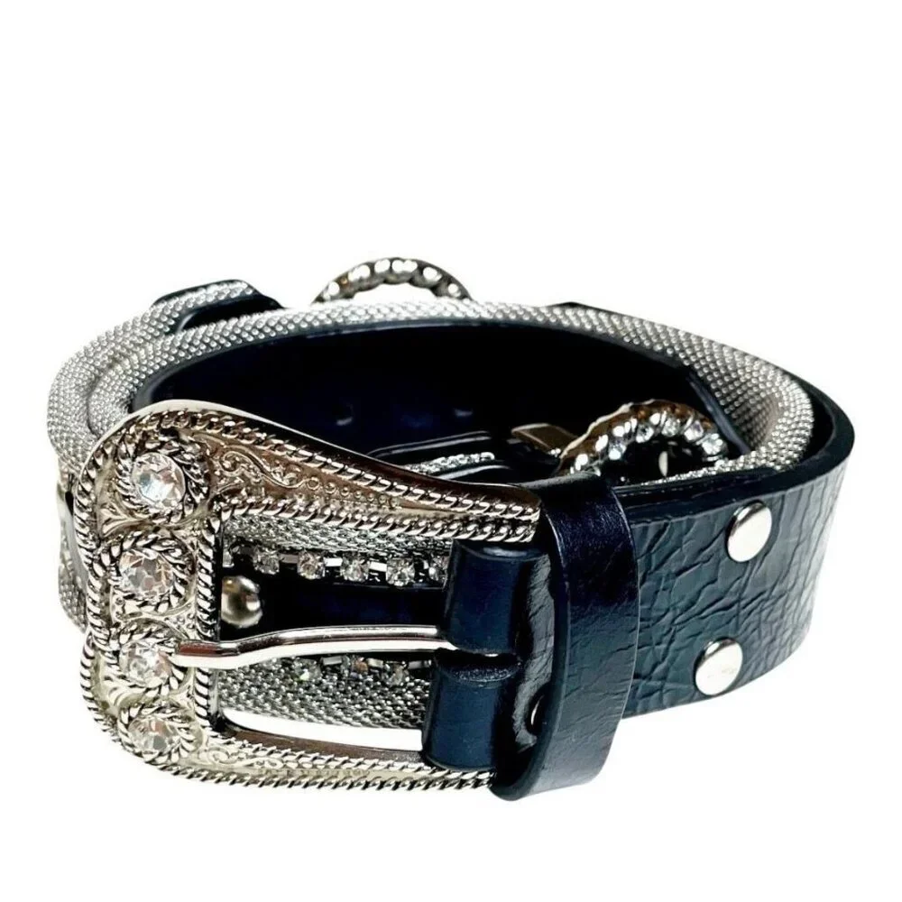 Christine Alexander Swarovski Leather Belt With Silver Buckle & Accents